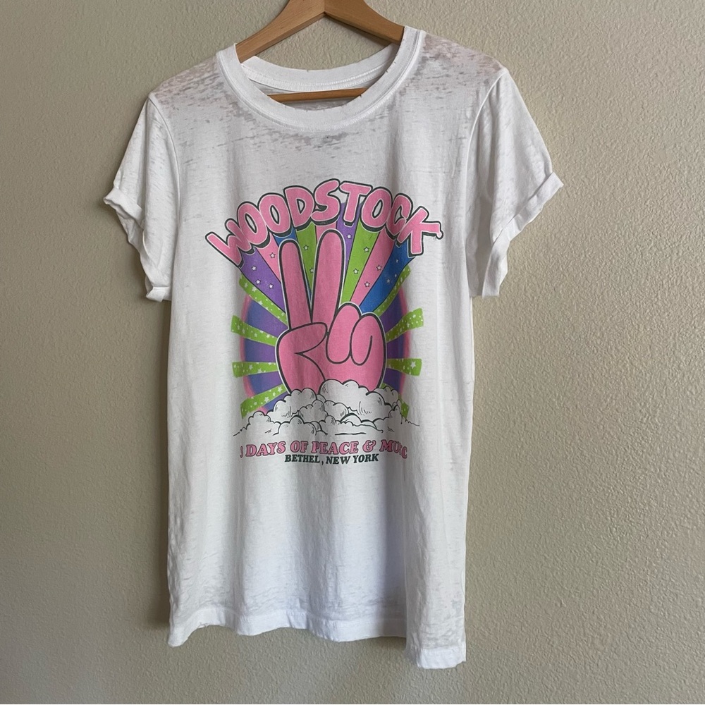 Recycled Karma Woodstock T-Shirt White Pink Size Small